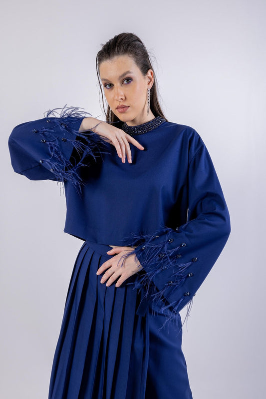 Feather Sleeves & Embellished Neckline Top\ب مامكأب شير ةنيزو ىلع طخ ق