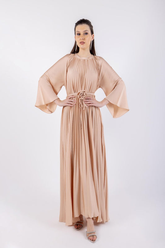 Pleated Rose Waist Belt Solid Dress