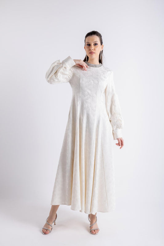 Embellished Neckline Embroidered Dress\فستان مطرزة بخط العنق المزخرف