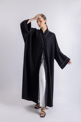 2465003-Black Flowing Maxi Abaya with V-Neckline