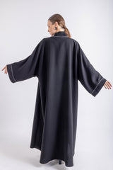 2465003-Black Flowing Maxi Abaya with V-Neckline