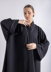 2465003-Black Flowing Maxi Abaya with V-Neckline