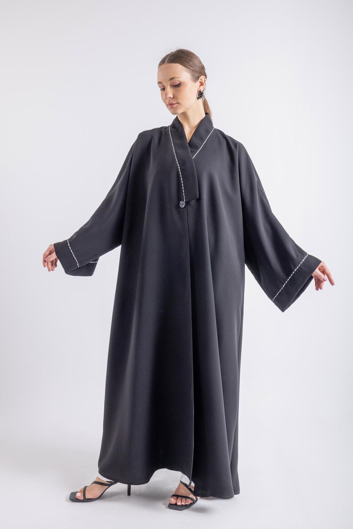 2465003-Black Flowing Maxi Abaya with V-Neckline