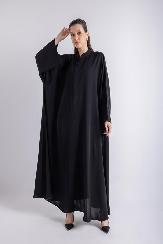 2465002-Black Kimono-Inspired Abaya with Subtle Stitching