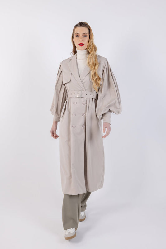 Elegant Double-Breasted Trench Coat with Pleated Balloon Sleeves