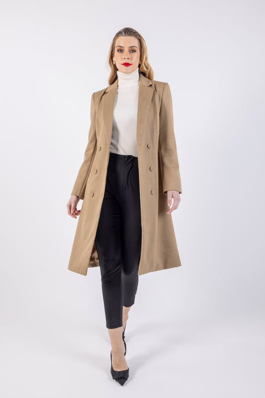 Solid Longline Double Breasted Coat\عم ليوط ةداس