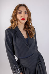 Cropped Striped Sequenced Sleeves Blazer