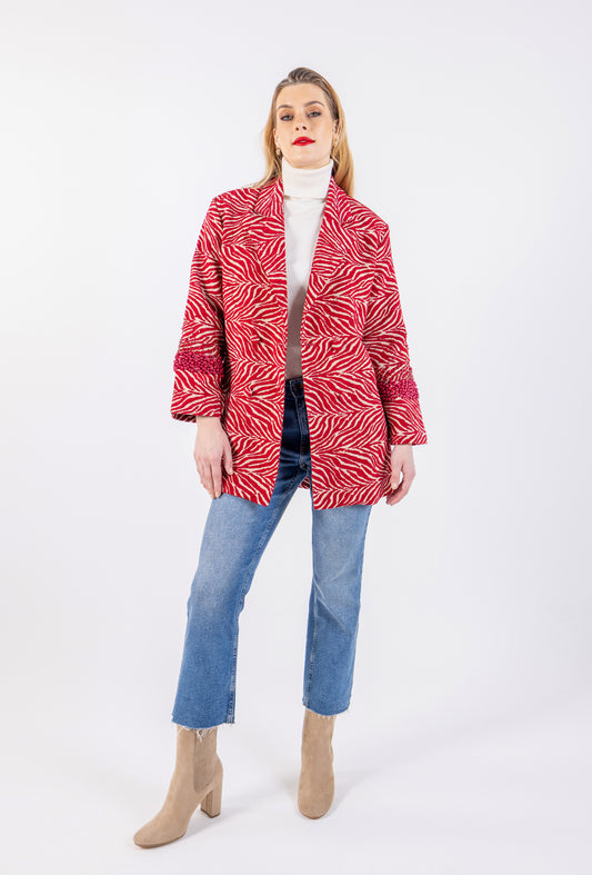 Bold Red Zebra Print Blazer with Beaded Sleeves