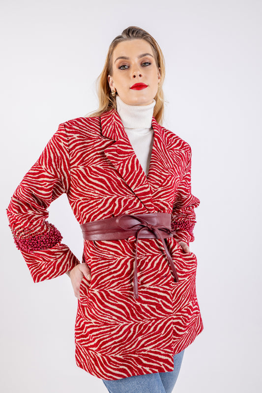 Bold Red Zebra Print Blazer with Beaded Sleeves