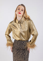 Metallic Feathered Hem Sleeves Shirt\ولب مامكأب تاذ ةفاح شير ي