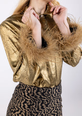 Metallic Feathered Hem Sleeves Shirt\ولب مامكأب تاذ ةفاح شير ي