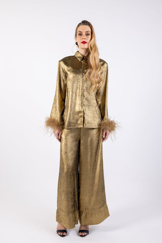 Metallic Feathered Hem Sleeves Shirt\ولب مامكأب تاذ ةفاح شير ي