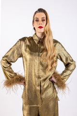 Metallic Feathered Hem Sleeves Shirt\ولب مامكأب تاذ ةفاح شير ي