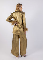 Metallic Feathered Hem Sleeves Shirt\ولب مامكأب تاذ ةفاح شير ي