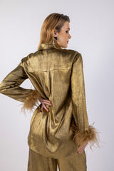 Metallic Feathered Hem Sleeves Shirt\ولب مامكأب تاذ ةفاح شير ي