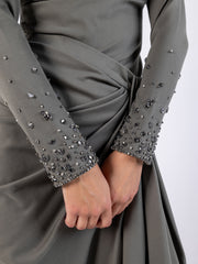 Solid Wrap Around Embellished Sleeves Maxi  Dress\ف يسكام هداس رصخب ي