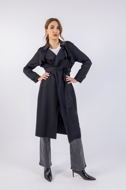 Notched Neckline Midi Solid Coat