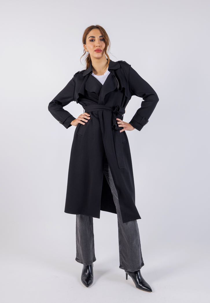 Notched Neckline Midi Solid Coat