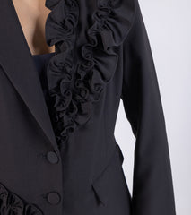 2403195-Asymmetric Ruffle Accents Solid Blazer