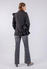 2403195-Asymmetric Ruffle Accents Solid Blazer