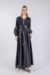 Embellished V-Neck Puff Sleeve Gown\اتسف فرخزم مامكأب ةضافضف طخو قنع ىلع  لكش فرح V