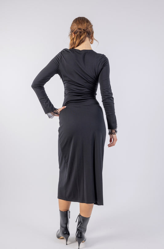 Solid Drapped Midi Dress with Lace Cuff Detail