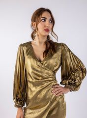 Metallic Embellished Puff Hem Sleeves  Maxi Dress\ف يسكام مامكأب ةضافضف ةفرخزم  نولب ي