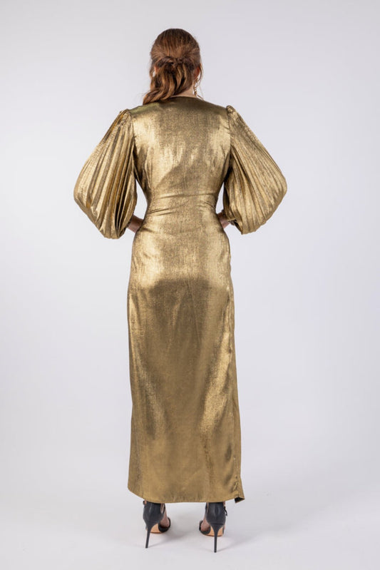 Metallic Embellished Puff Hem Sleeves  Maxi Dress\ف يسكام مامكأب ةضافضف ةفرخزم  نولب ي