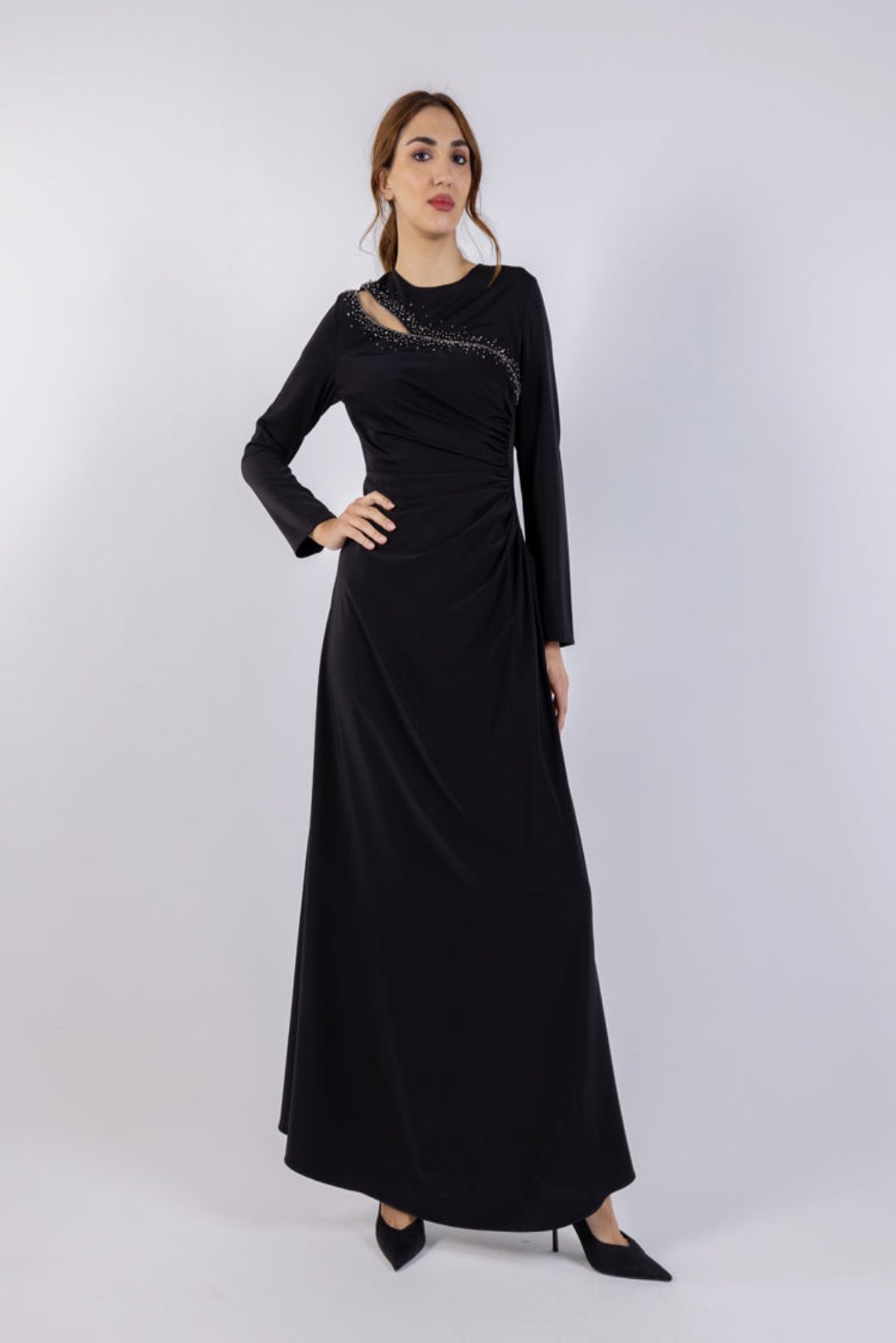 Embellished Asymmetric Solid Maxi Dress