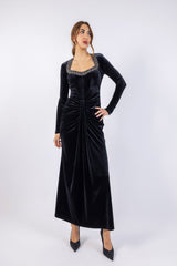 Velvet Embellished Neckline Maxi Dress\تسف يسكام ةقايب ةيلمخم ف