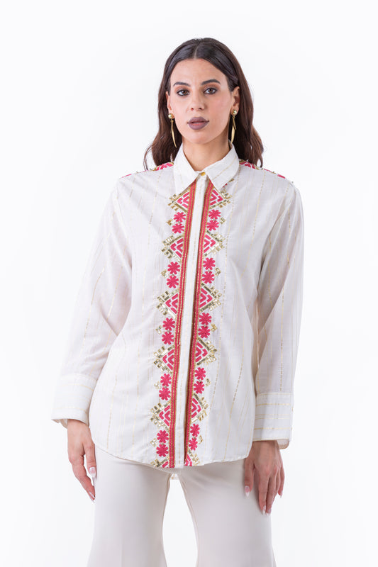 Embroidered Button-Down Shirt with Gold Accents