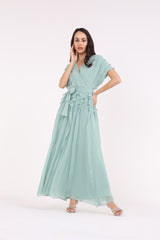 2406193-Solid Ruffled & Pleated Maxi Dress