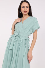 2406193-Solid Ruffled & Pleated Maxi Dress