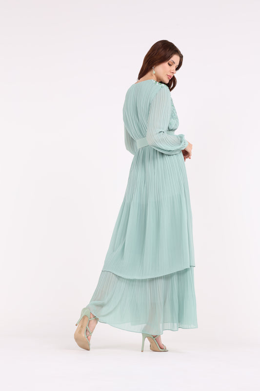 2406192-Solid Embellished Shoulders Plisse Long Dress