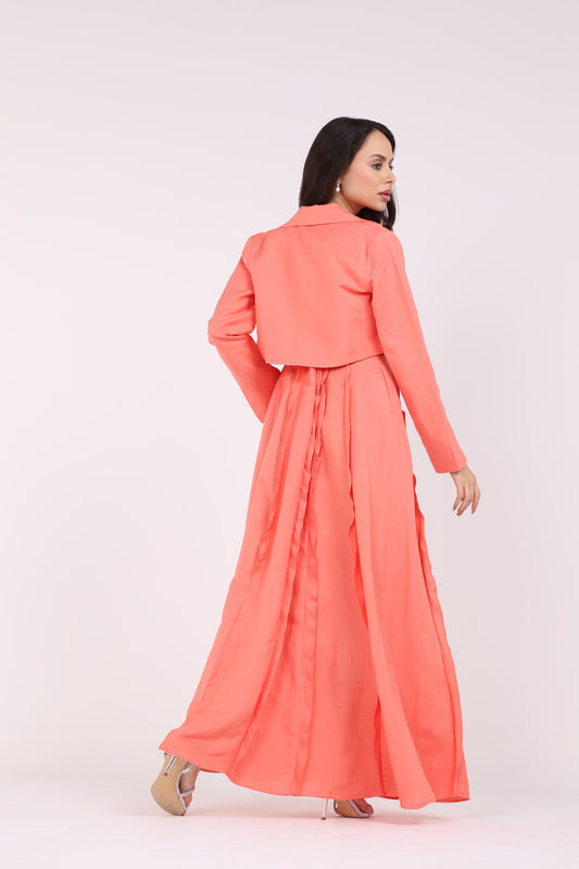 2443018-Cropped Solid Slit Blazer with Ruffled Solid Maxi Dress