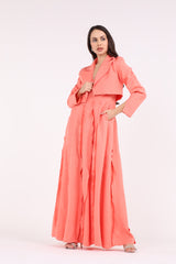 2443018-Cropped Solid Slit Blazer with Ruffled Solid Maxi Dress