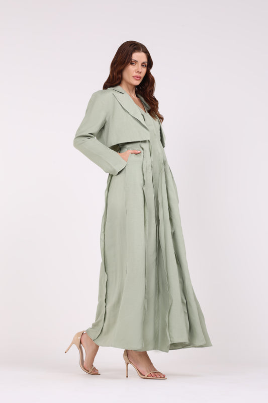 2443018-Cropped Solid Slit Blazer with Ruffled Solid Maxi Dress