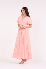 2406193-Solid Ruffled & Pleated Maxi Dress