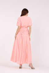 2406193-Solid Ruffled & Pleated Maxi Dress