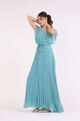 2454002-Ruffled Sleeved Pleated Maxi Solid Dress