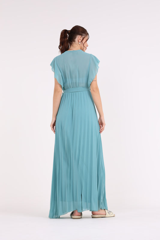 2454002-Ruffled Sleeved Pleated Maxi Solid Dress