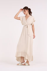 2454001-Ruffled Hems Maxi Solid Dress