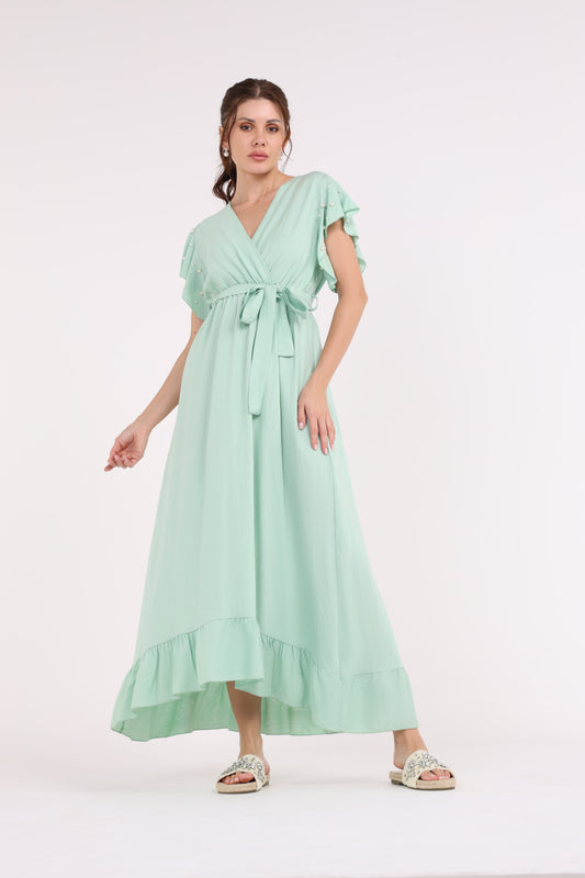 2454001-Ruffled Hems Maxi Solid Dress