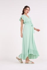 2454001-Ruffled Hems Maxi Solid Dress