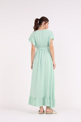 2454001-Ruffled Hems Maxi Solid Dress