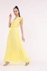 2454002-Ruffled Sleeved Pleated Maxi Solid Dress