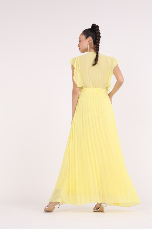 2454002-Ruffled Sleeved Pleated Maxi Solid Dress