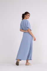 2406181-Solid Overlapped Sleeves Maxi Dress