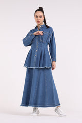 2401008-Belted Ruffled Waist Denim Maxi Skirt