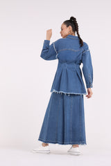 2401008-Belted Ruffled Waist Denim Maxi Skirt